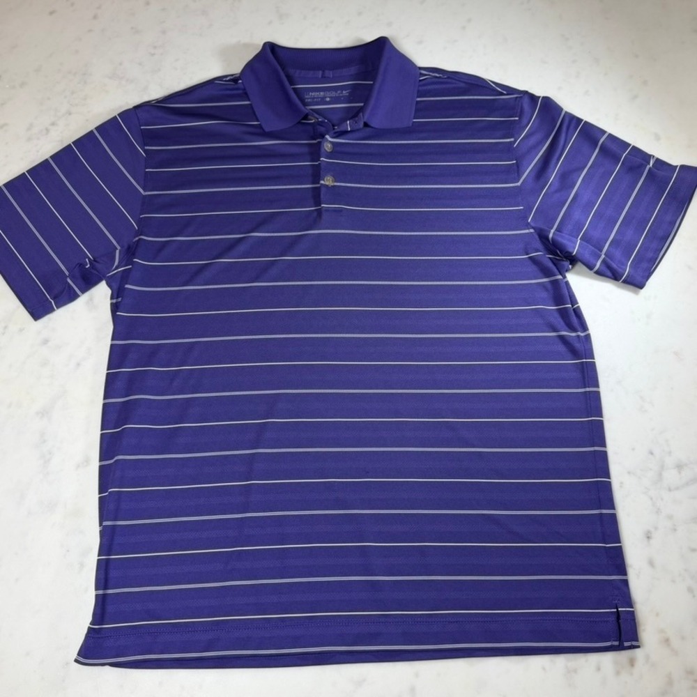 Nike Golf Polo Shirt Mens L Purple White Striped Dri-FIT Short Sleeve‎ Excellent